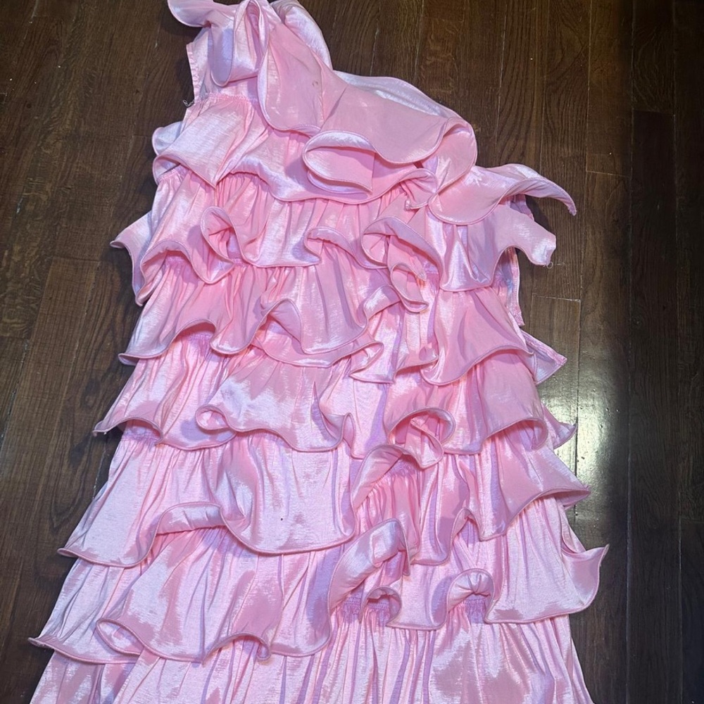PrettyLittleThing Pink One-Shoulder Ruffle Dress